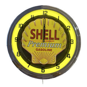 Shell Large Neon Wall Clock 15.5” Retro 1950s Gas Station Garage Decor